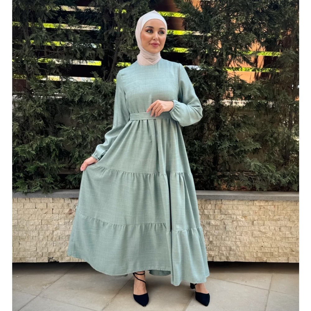 Teal sage green balloon sleeve tiered maxi dress.